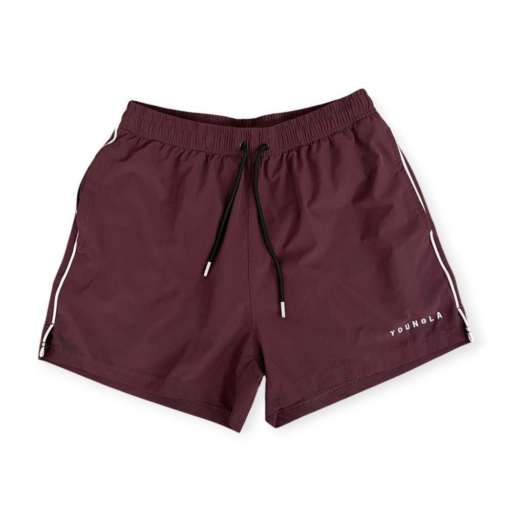 YoungLA Mens Drawstring Lined Gym Shorts Burgundy Pockets Large 3.5 Inseam